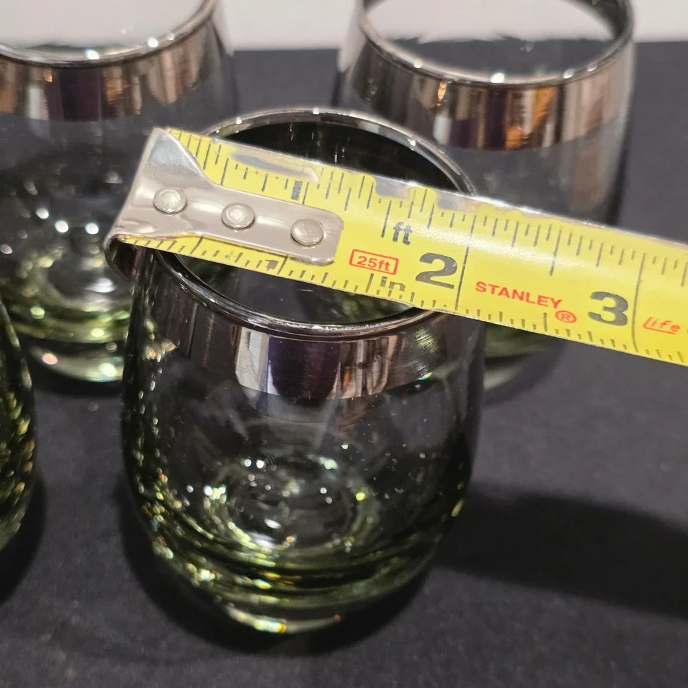 Vintage MCM Drinkware Smoke Green Barware Metallic Trim Retro Stemless‎ Set of 5